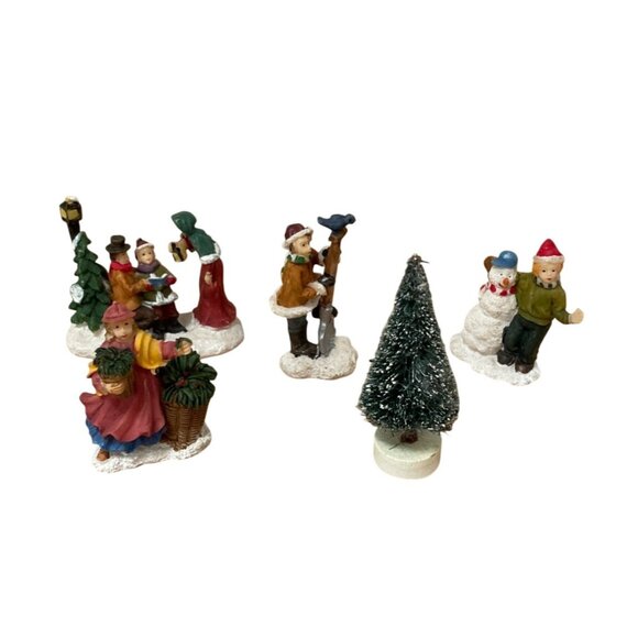 Christmas Village Accessories Lot Figurines Carolers Snowman Bottle Brush Tree - Picture 1 of 7
